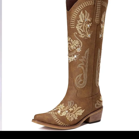 Embroidered Tan Heeled Boots - Picture 2 of 5